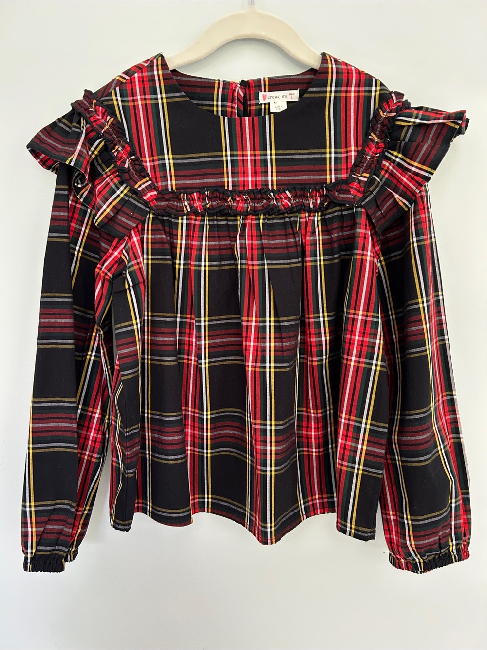J. Crew Black Red Yellow Plaid Ruffle Long Sleeve Top